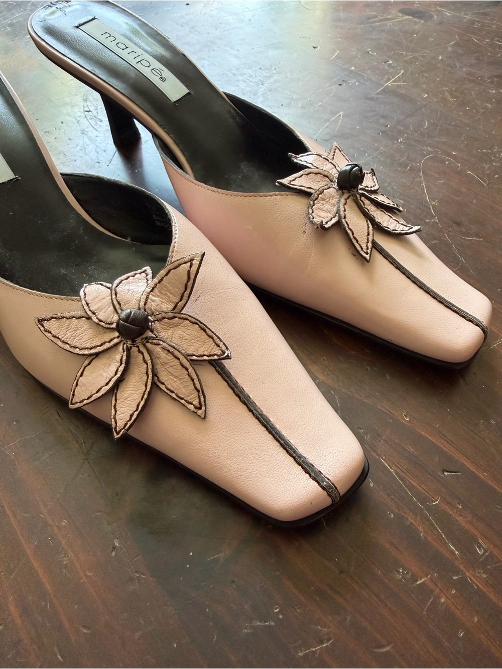 Maripé Leather Floral Mule Heels Pink Square Toe Slip On Shoes Women’s 9 - Picture 5 of 5
